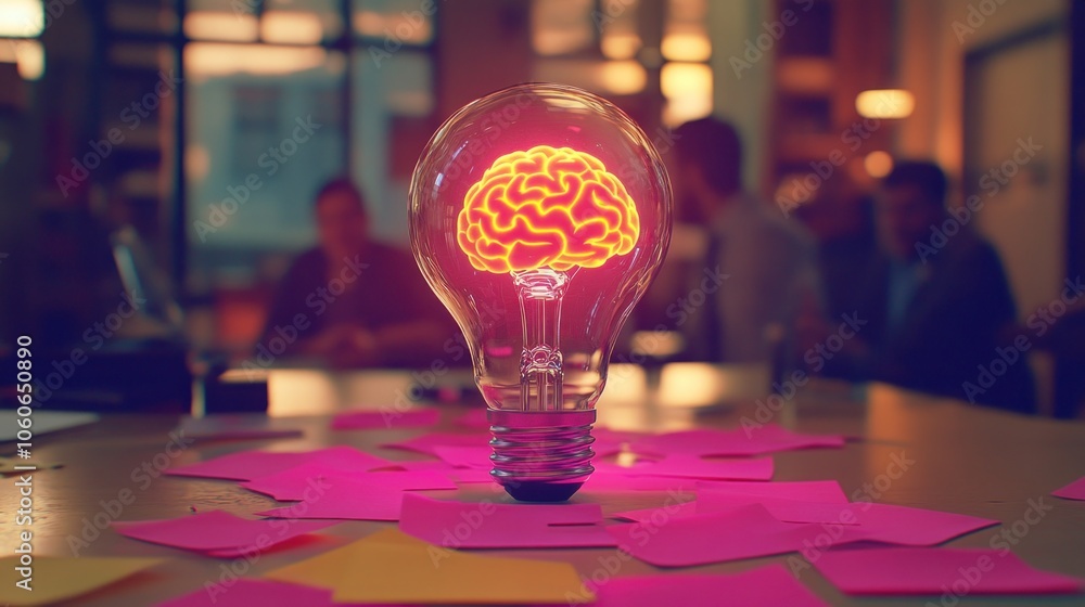 Aufkleber a glowing light bulb with a brain design, surrounded by sticky notes in a collaborative setting.