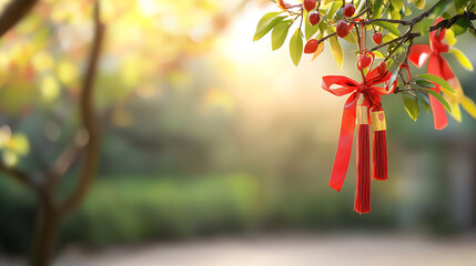 Wishes of hope red ribbons adorn a tree each tied with dreams and aspirations under the gentle light of nature