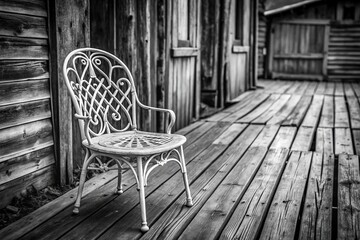 Architectural photography showcases a stark contrast between weathered wood and elegant iron.