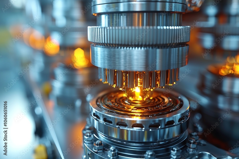 Aufkleber a close-up of a shiny metal machine with a glowing orange light source