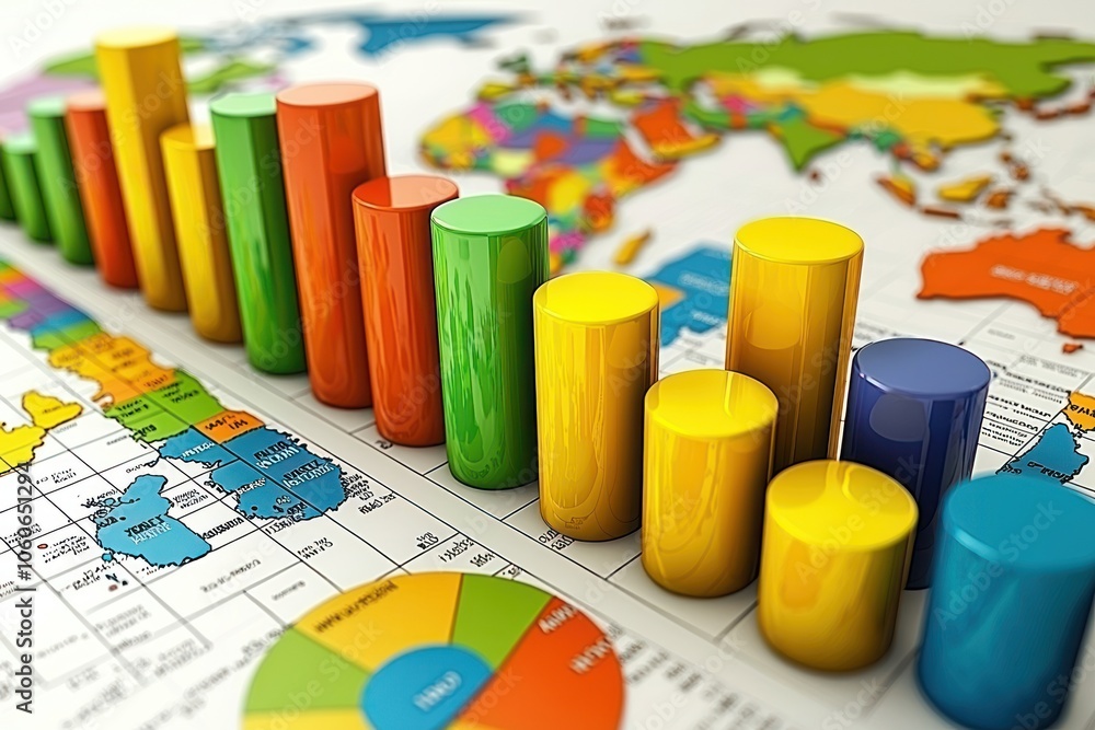 Aufkleber colorful bar graph on world map background