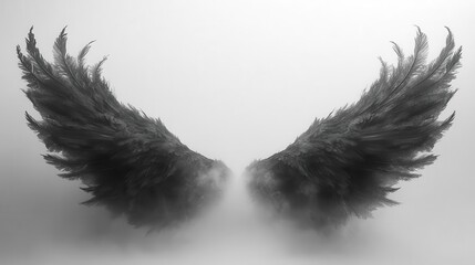 Fototapeta premium black and white depiction of dark demon feathers spread wide contrasting against a stark white background creating a haunting yet captivating visual that evokes a sense of mystery and intrigue