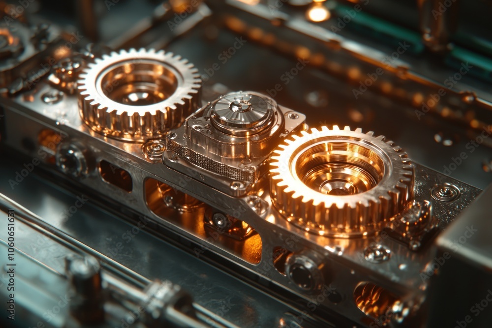 Poster Close-up of intricate metallic gears and components within a machine