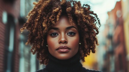 This image showcases a beautiful woman with curly hair in an urban setting, emphasizing natural elegance and modern style, blending perfectly with the street scene.