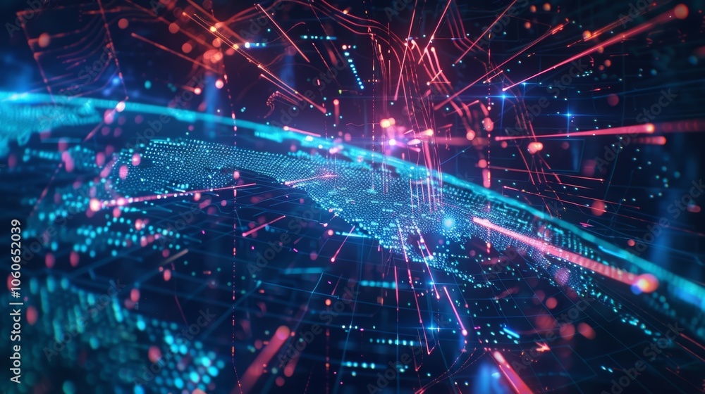 Poster futuristic digital data transferring around planet earth with glowing lines and particles flowing, s