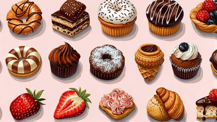 An enticing variety of desserts showcases colorful cupcakes, rich donuts, and fresh strawberries arranged aesthetically on a soft background, appealing to any sweets lover - Powered by Adobe
