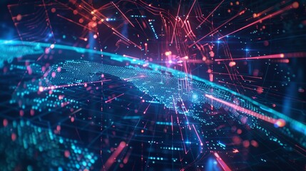 Naklejka premium Futuristic digital data transferring around planet earth with glowing lines and particles flowing, symbolizing global network and technology of the future