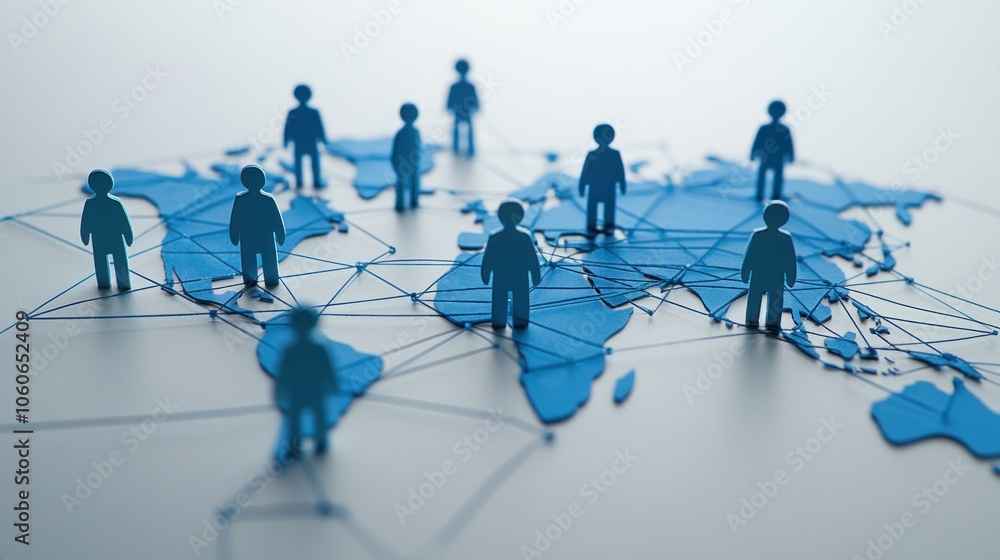 Aufkleber a stylized world map with blue figures representing global connectivity and networking.