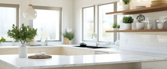 Modern bright kitchen, white countertops, subway tile backsplash, open shelving, natural light, indoor plants, minimalist design, quartz countertop, farmhouse sink, wood accents, airy space, clean aes