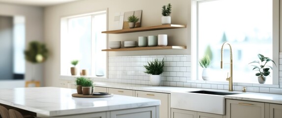 Modern bright kitchen, white countertops, subway tile backsplash, open shelving, natural light, indoor plants, minimalist design, quartz countertop, farmhouse sink, wood accents, airy space, clean aes