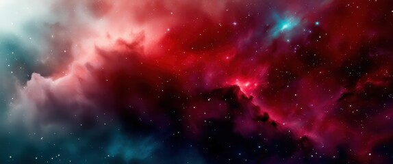 Naklejka premium Cosmic nebula, vibrant colors, red and teal swirls, star clusters, deep space, celestial clouds, galactic dust, cosmic energy, interstellar beauty, high-resolution astrophotography, colorful space bac