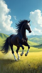 Fototapeta premium Majestic Horse Galloping Gracefully Through Vibrant Landscape Scene.