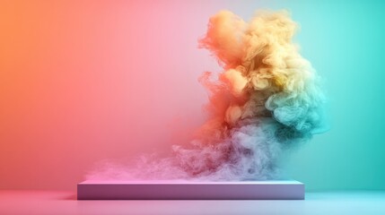 A vivid display of colorful smoke billowing gracefully from a platform against a soft gradient backdrop, reflecting energy, movement, and creativity in an abstract form.