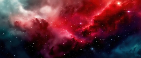 Naklejka premium Cosmic nebula, vibrant colors, red and teal swirls, star clusters, deep space, celestial clouds, galactic dust, cosmic energy, interstellar beauty, high-resolution astrophotography, colorful space bac