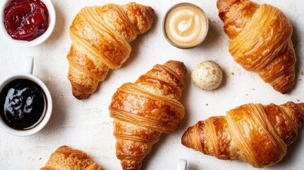 Fototapeta premium Golden-brown croissants with flaky layers, displayed on a breakfast table with jam and coffee