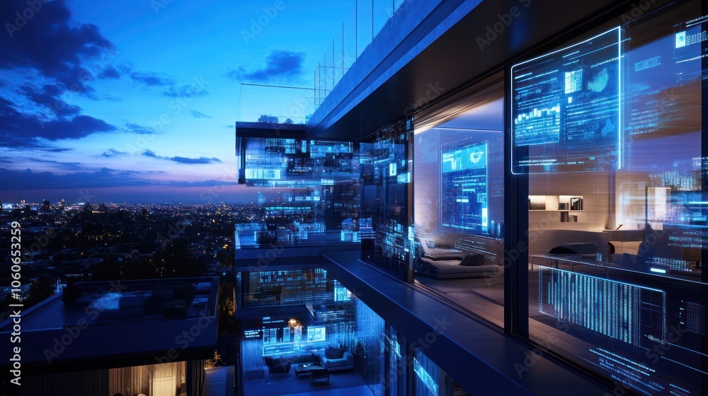 Poster modern high-rise with digital interfaces showcasing data analytics at twilight.