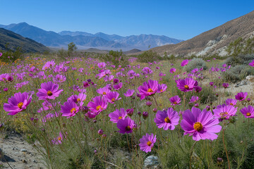 Obraz premium A field of pink Cosmos flowers in full bloom, basking under bright sunlight against a clear blue sky. 