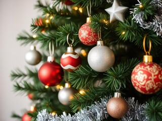 Fototapeta premium A vibrant and festive Christmas tree adorned with colorful ornaments and twinkling lights, decoration, shiny