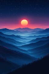 Fototapeta premium A large orange sun setting behind a layered mountain range with a starry sky