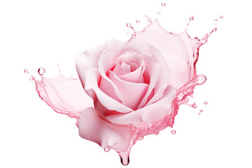 Pink rose bud in a splash of pink liquid isolated on transparent background.