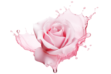 Pink rose bud in a splash of pink liquid isolated on transparent background.