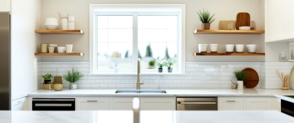 Modern bright kitchen, white countertops, subway tile backsplash, open shelving, natural light, indoor plants, minimalist design, quartz countertop, farmhouse sink, wood accents, airy space, clean aes