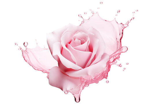 Pink rose bud in a splash of pink liquid isolated on transparent background.