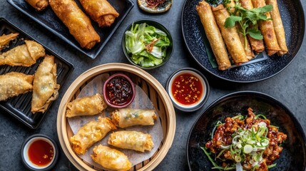 Traditional dim sum assortment with dumplings, pork buns, and spring rolls in bamboo steamers