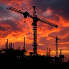 Crane and building silhouettes at sunrise. Abstract Industrial background with construction cranes silhouettes over amazing sunset sky