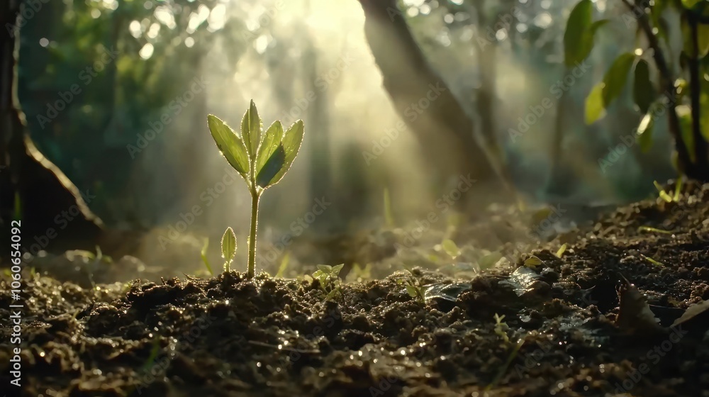 Poster a single sapling growing in the forest at dawn