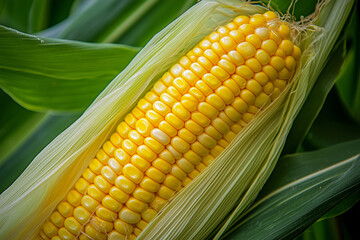 a corn cob in the field as warm sunset light casts a soft glow on the kernels and husks