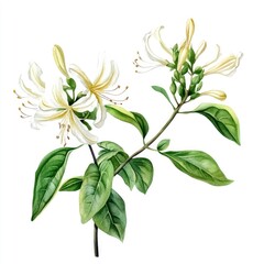 Fototapeta premium Hand Drawn Watercolor Illustration of Honeysuckle Flowers and Leaves. Botanical Drawing on White Background