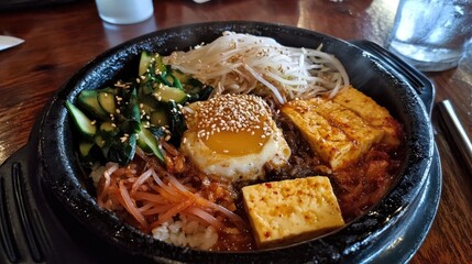 Vegetarian bibimbap bowl topped with assorted veggies, tofu, and sesame seeds, capturing the dishs vibrant colors and healthy appeal.