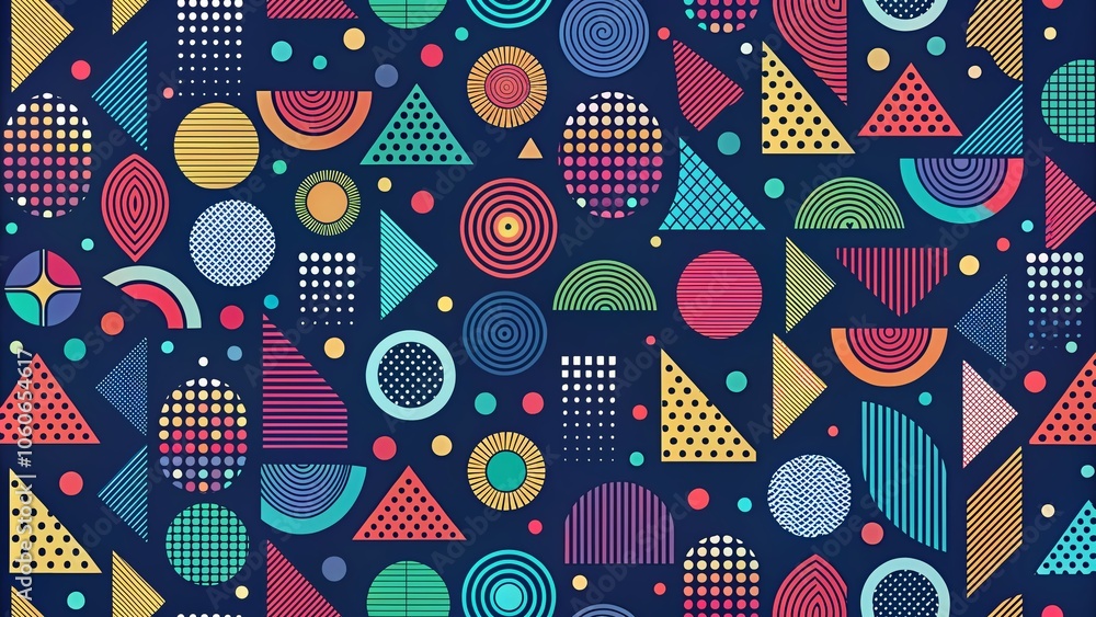Poster modern abstract seamless vector pattern with colorful geometric dots on dark blue background - trend