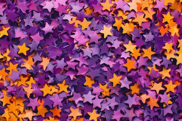 Festive orange and lilac stars confetti scattered on vibrant background ideal for celebrations and events. dynamic illustration. star pattern wallpaper. Abstract textured backdrop for digital projects