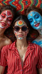 Fototapeta premium Three Individuals with Colorful Face Paint and Unique Expressions.