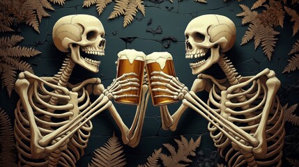 Two skeletons holding beer mugs in a toasted gesture surrounded by decorative ferns on a dark background, showcasing a festive and humorous theme.