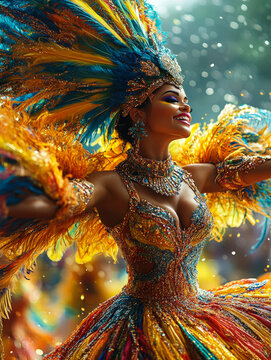 Vibrant Brazilian Carnival Dancer in Colorful Feathered Costume
