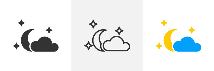 Sleep time night mode simple icon graphic vector set, nighttime bedtime black white pictogram shape silhouette