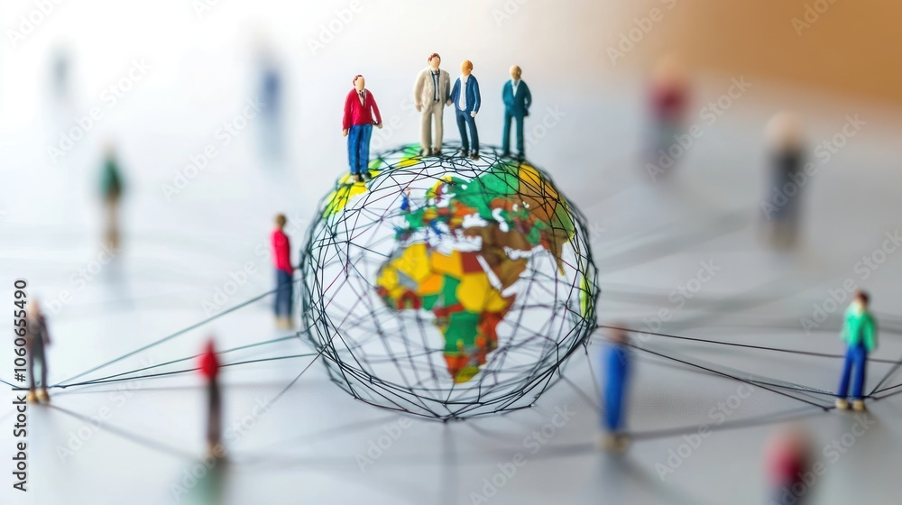 Poster miniature figures atop a globe, connected by lines, symbolizing global networking and collaboration.