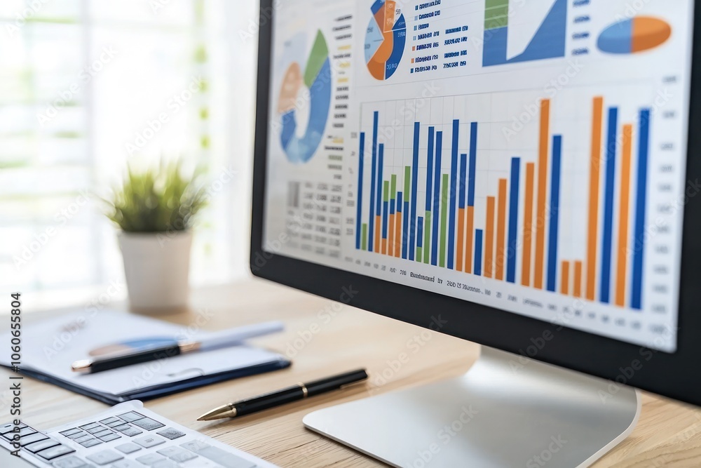 Poster data analysis on a computer monitor with business supplies on a desk