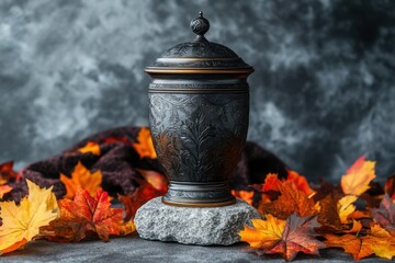 Vintage urn surrounded autumn leaves on textured backdrop