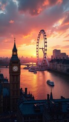 Stunning London Skyline at Sunset Featuring Iconic Landmarks and River.
