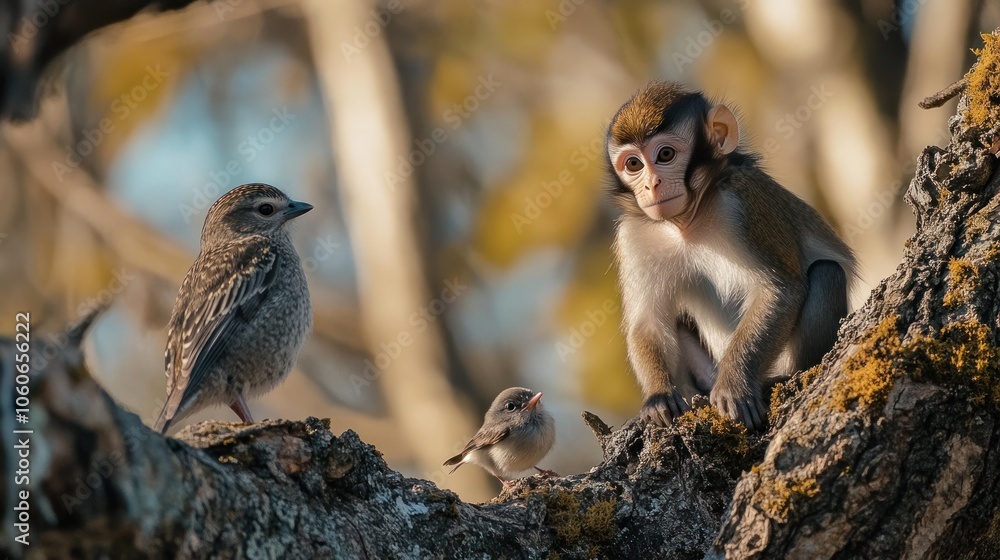 Poster a monkey and two birds perched on a tree branch in a natural setting.