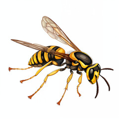 A detailed cartoon illustration of a yellow and black wasp flying through the air