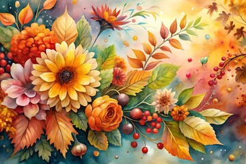 autumn floral background watercolor illustration, illustration of autumn floral flower, set of autumn floral