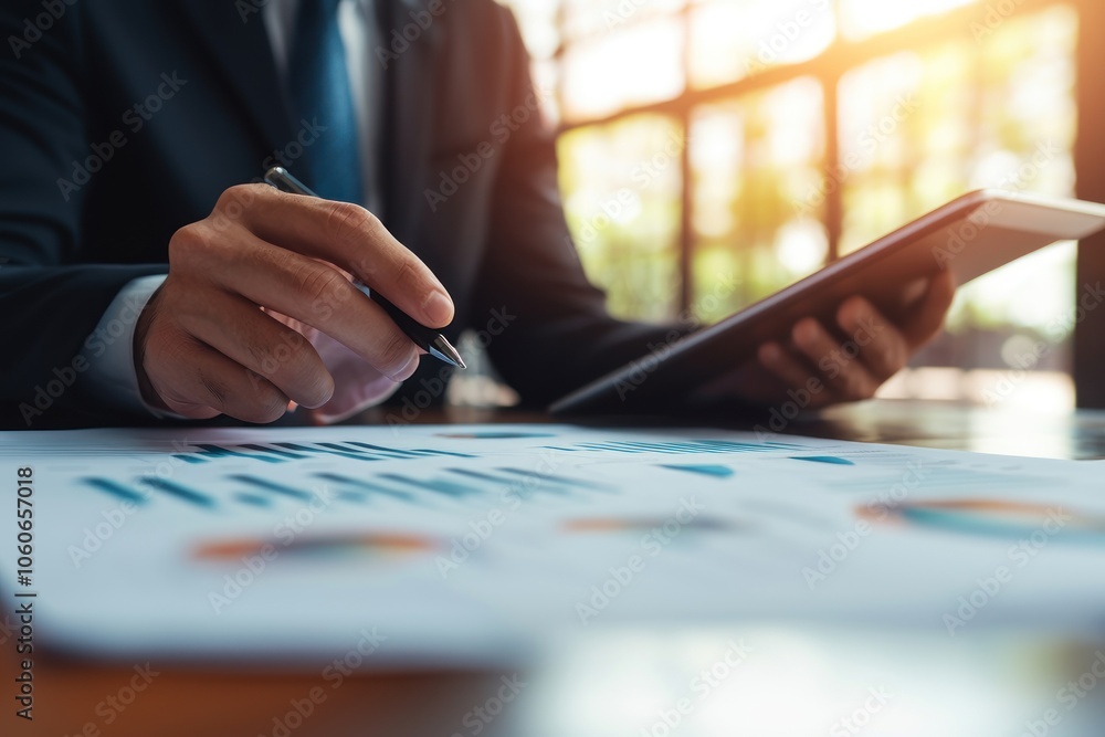 Aufkleber a businessman analyzing data and graphs with a pen and tablet