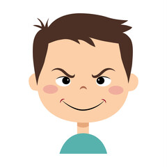 The boy is cunning. Boy face with emotion of conspiracy. Face expression.