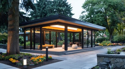 Obraz premium Luxurious morning outdoor garden design with teak wood deck and elegant black pergola, contemporary large glass windows surrounded by lush greenery, blending modern architecture minimalist design