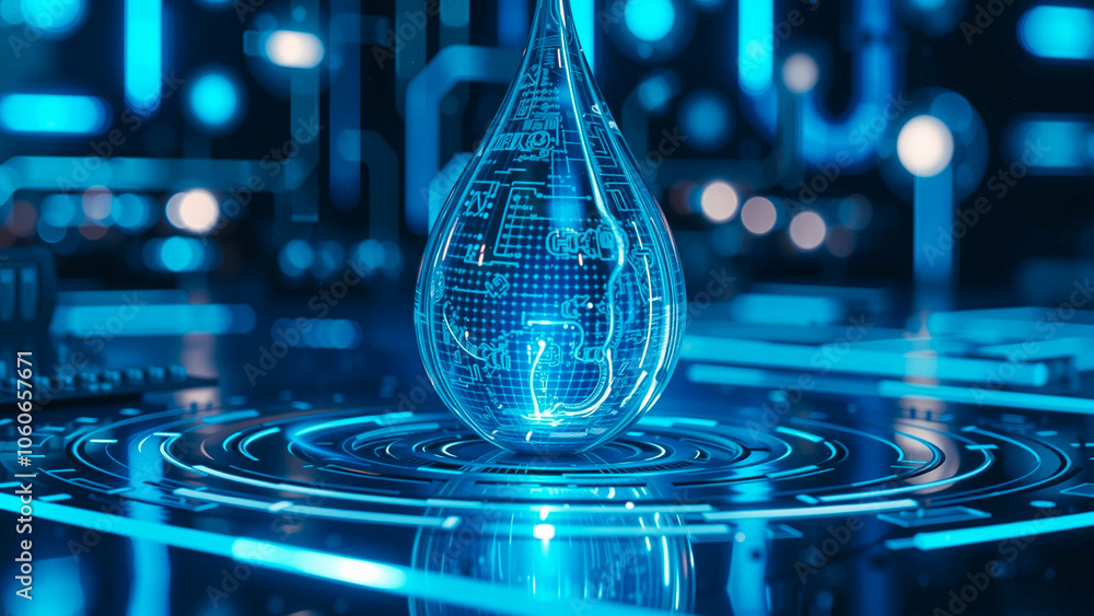 Poster digital blue water drop icon with binary code, artificial intelligence in water resource management,